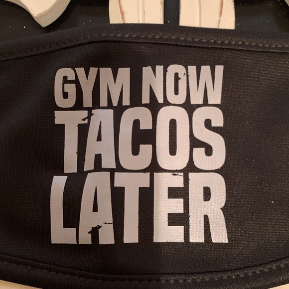 Gym Now Tacos Later Black Stretchy Face Mask NWOT - Picture 2 of 6